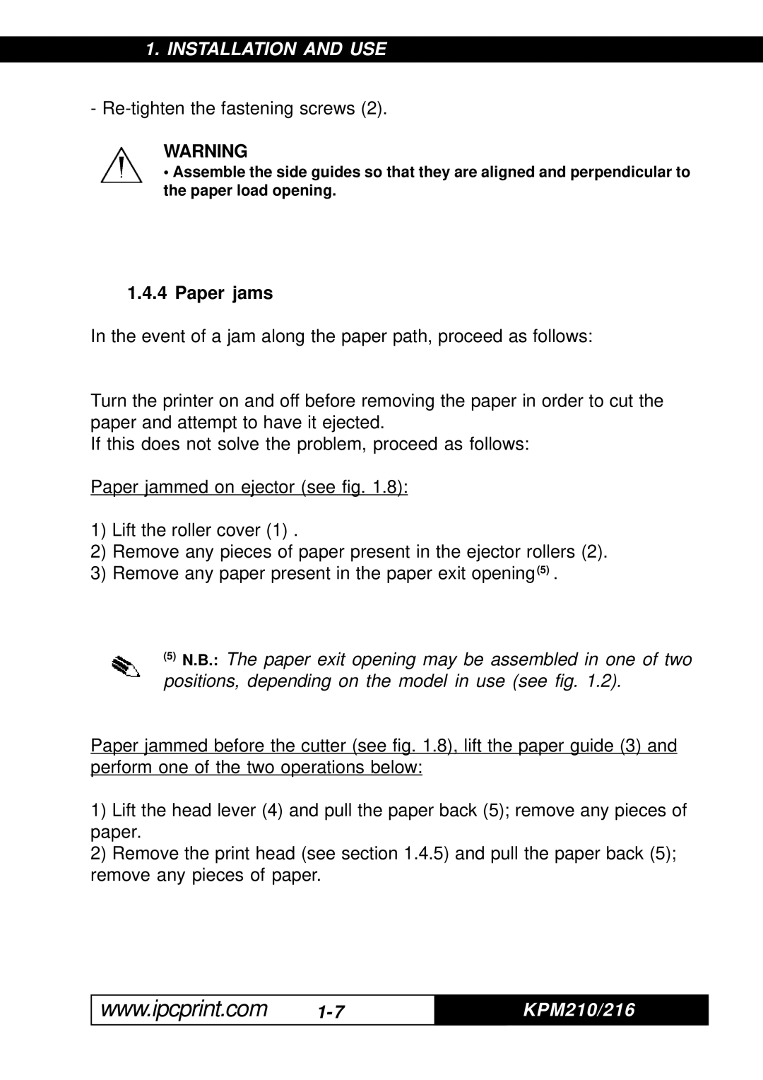 Infinite Peripherals 216, KPM-210 user manual Re-tighten the fastening screws, Paper jams 