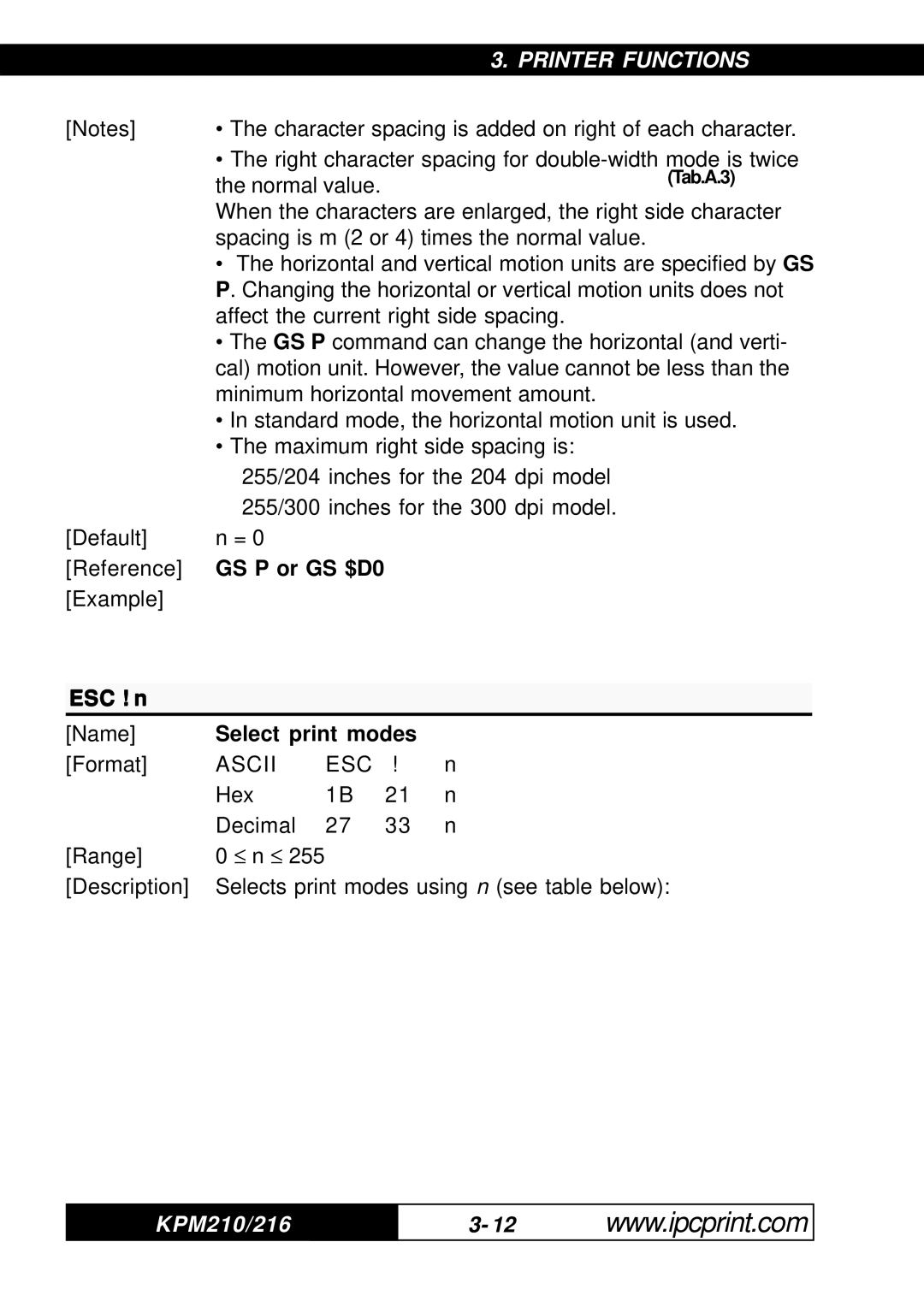 Infinite Peripherals 216, KPM-210 user manual GS P or GS $D0, ESC ! n, Select print modes 