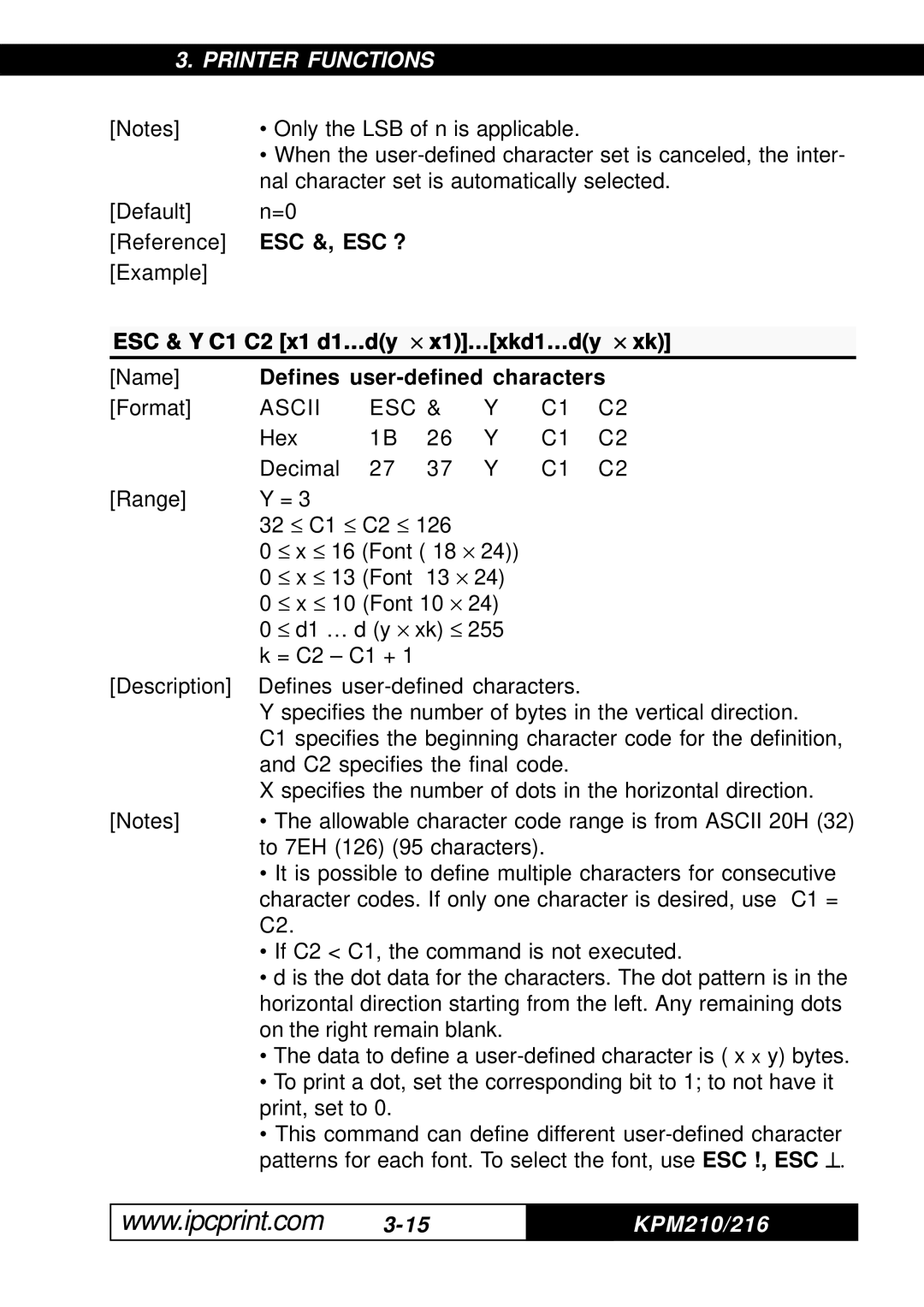 Infinite Peripherals KPM-210 Esc &, Esc ?, ESC & Y C1 C2 x1 d1…dy ⋅⋅ x1…xkd1…dy ⋅⋅ xk, Defines user-defined characters 