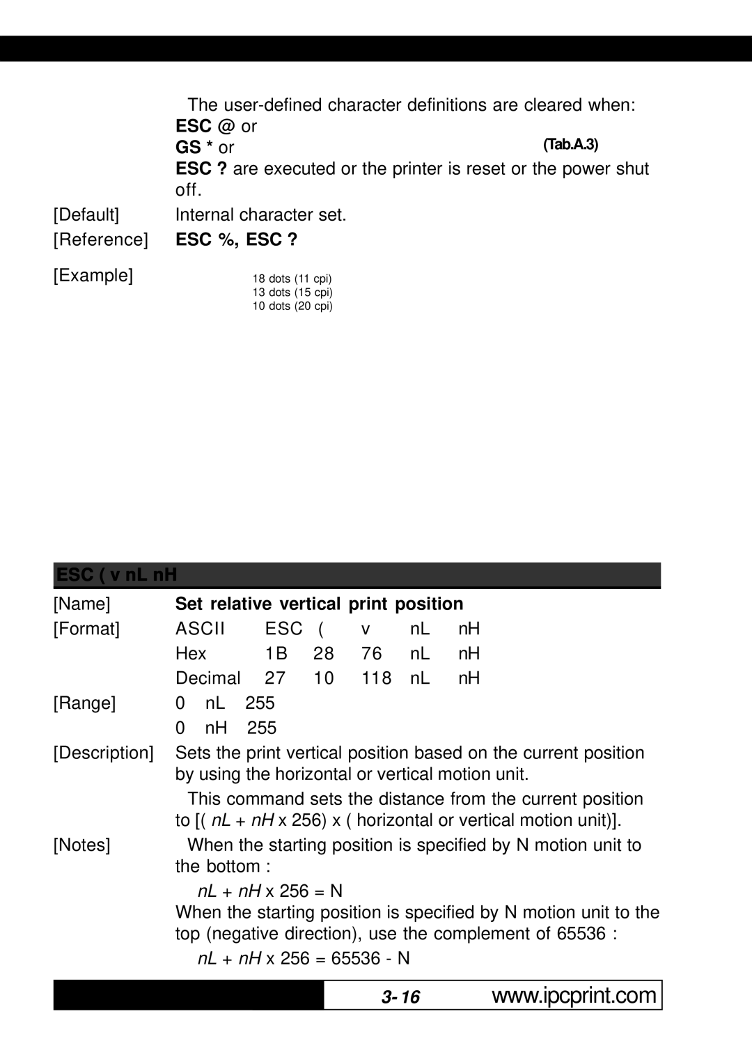 Infinite Peripherals 216, KPM-210 user manual GS * or, ESC v nL nH, Set relative vertical print position 