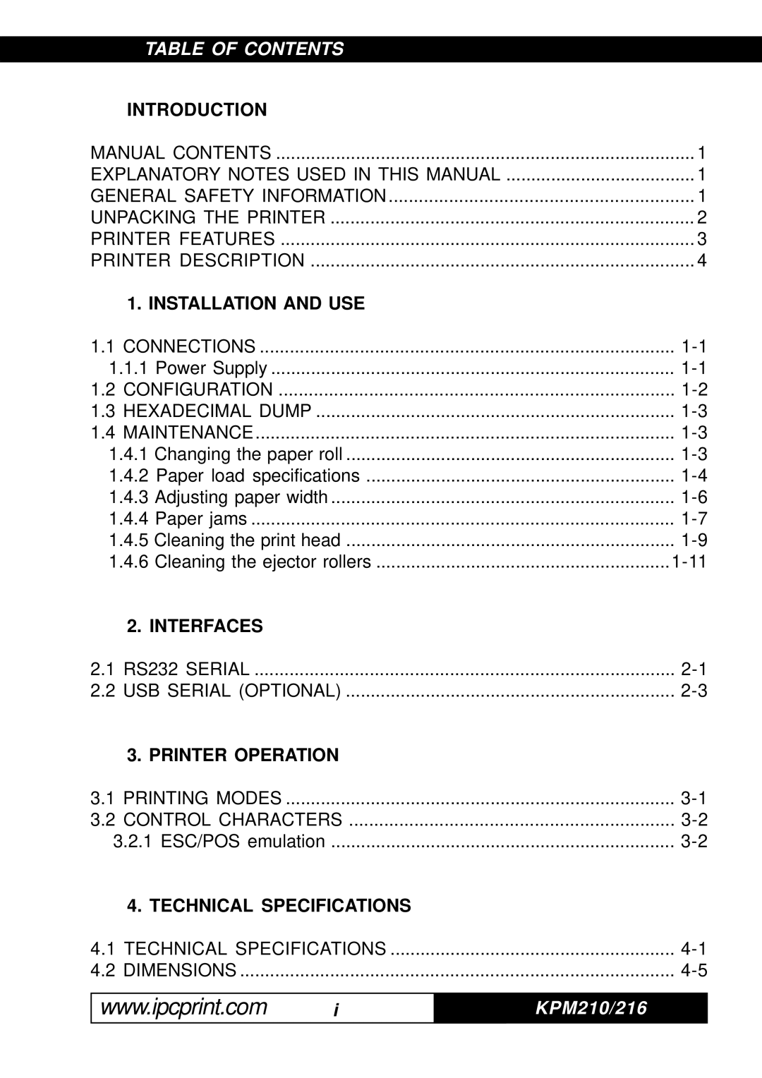 Infinite Peripherals 216, KPM-210 user manual Table of Contents 