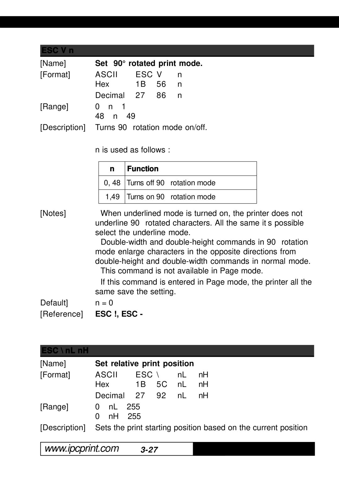 Infinite Peripherals KPM-210, 216 ESC V n, Set 90 rotated print mode, ESC !, ESC ESC \ nL nH, Set relative print position 