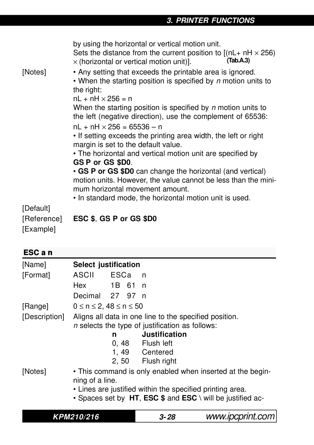 Infinite Peripherals 216, KPM-210 user manual ESC $, GS P or GS $D0, ESC a n, Select justification, Justification 