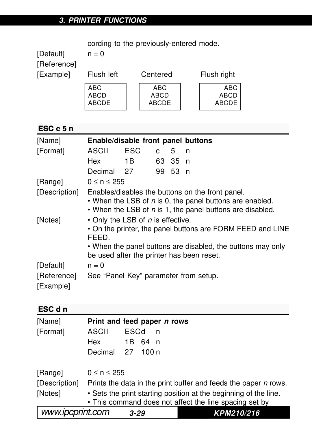 Infinite Peripherals KPM-210 ESC c 5 n, Enable/disable front panel buttons, Feed, ESC d n, Print and feed paper n rows 