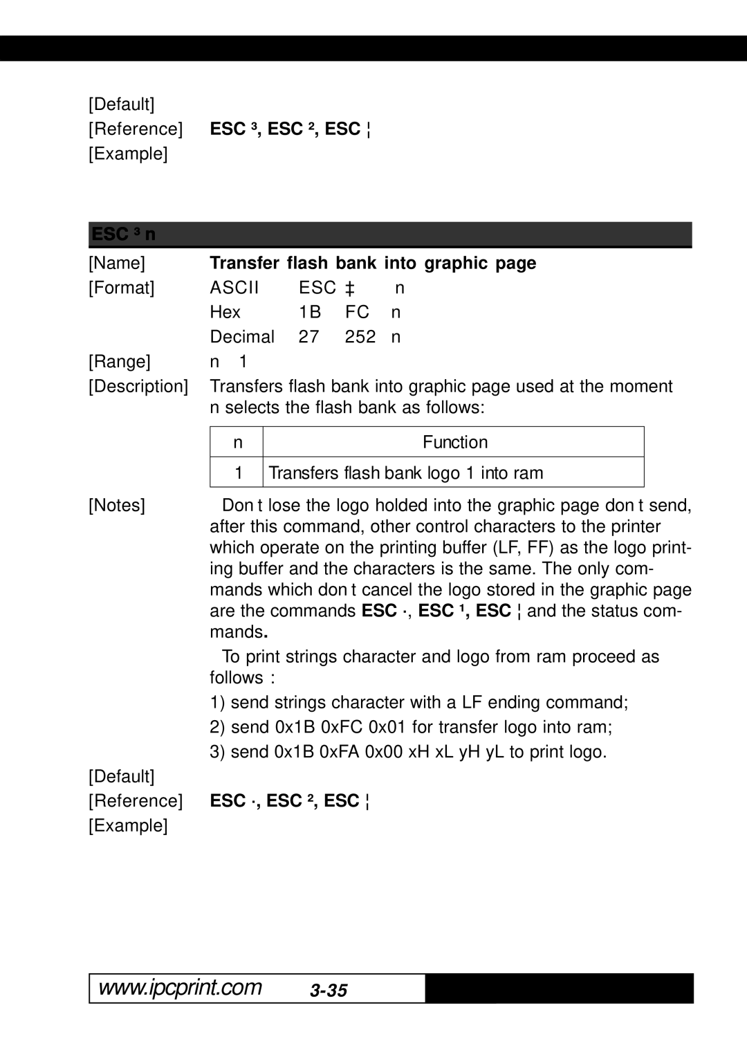 Infinite Peripherals KPM-210, 216 Reference ESC ³, ESC ², ESC, ESC ³ n, Ascii ESC ³, Reference ESC ·, ESC ², ESC Example 