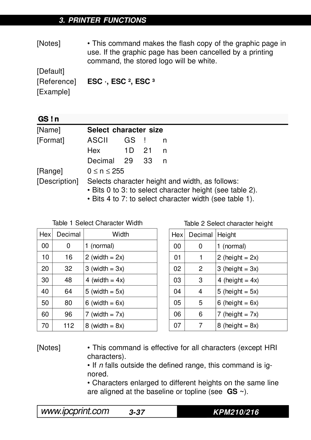 Infinite Peripherals KPM-210, 216 user manual ESC ·, ESC ², ESC ³, GS ! n, Select character size 