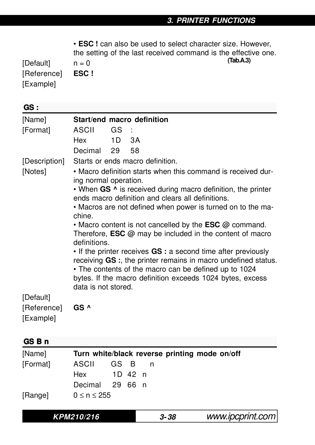 Infinite Peripherals 216, KPM-210 Start/end macro definition, GS B n Name Turn white/black reverse printing mode on/off 