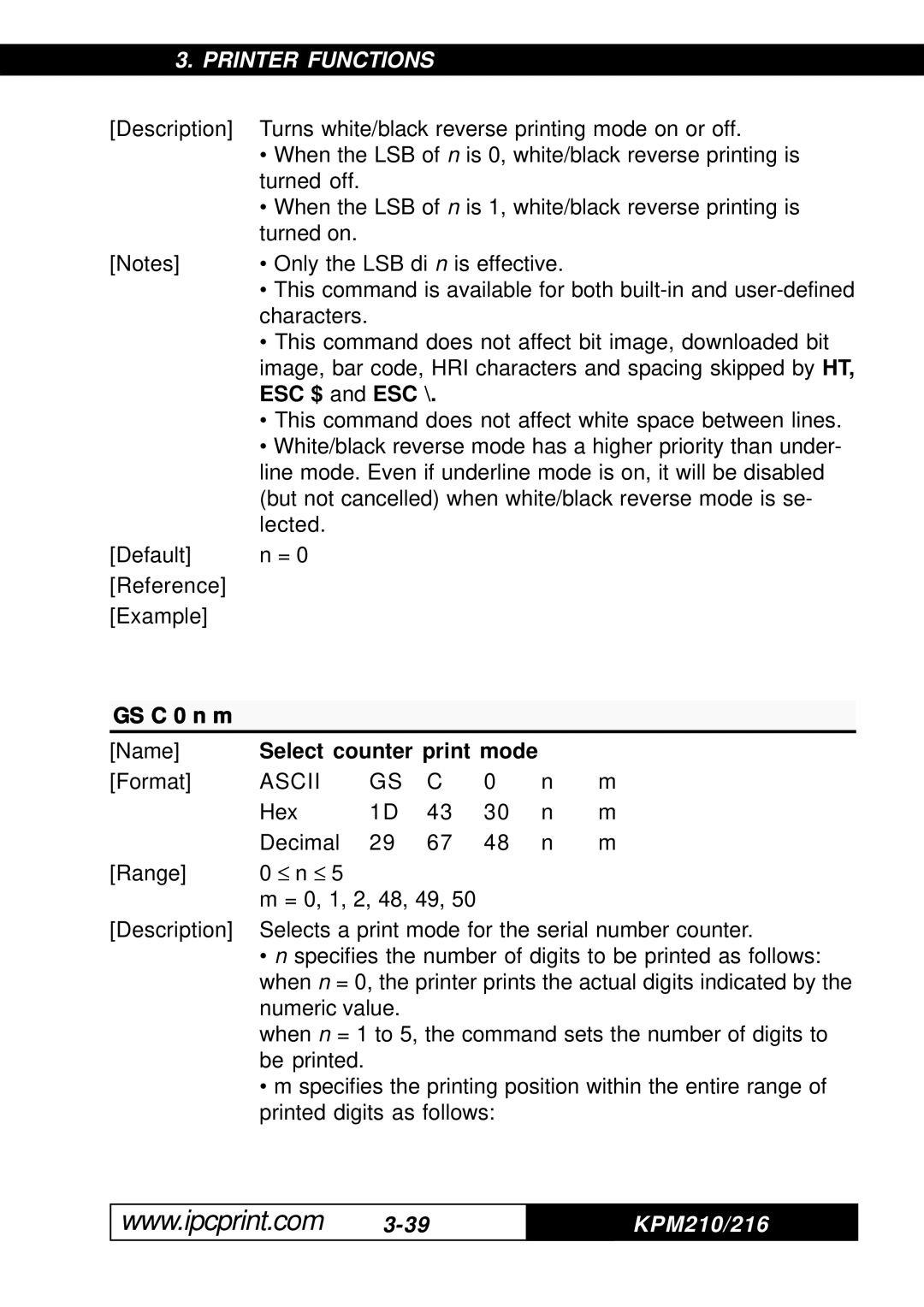 Infinite Peripherals KPM-210, 216 user manual ESC $ and ESC, GS C 0 n m, Select counter print mode 