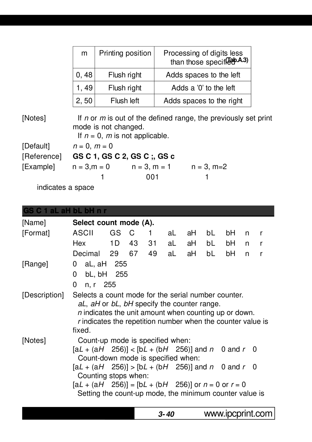 Infinite Peripherals 216, KPM-210 user manual GS C 1, GS C 2, GS C , GS c, GS C 1 aL aH bL bH n r, Select count mode a 