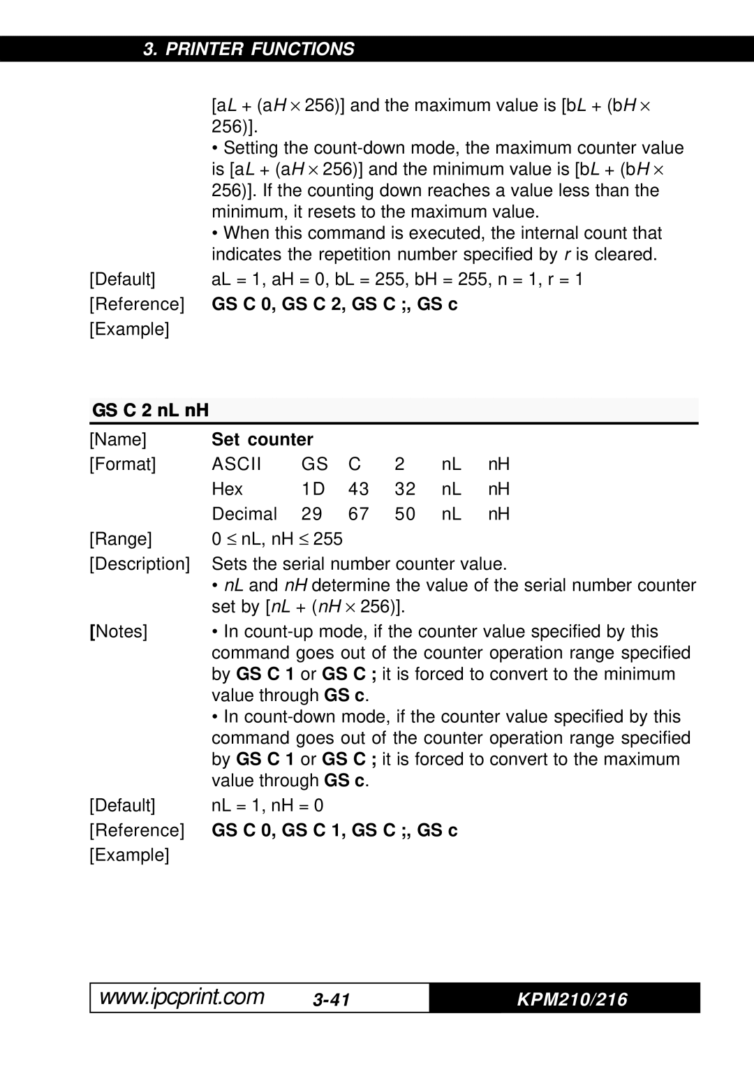 Infinite Peripherals KPM-210, 216 user manual GS C 2 nL nH, Set counter, GS C 0, GS C 1, GS C , GS c 