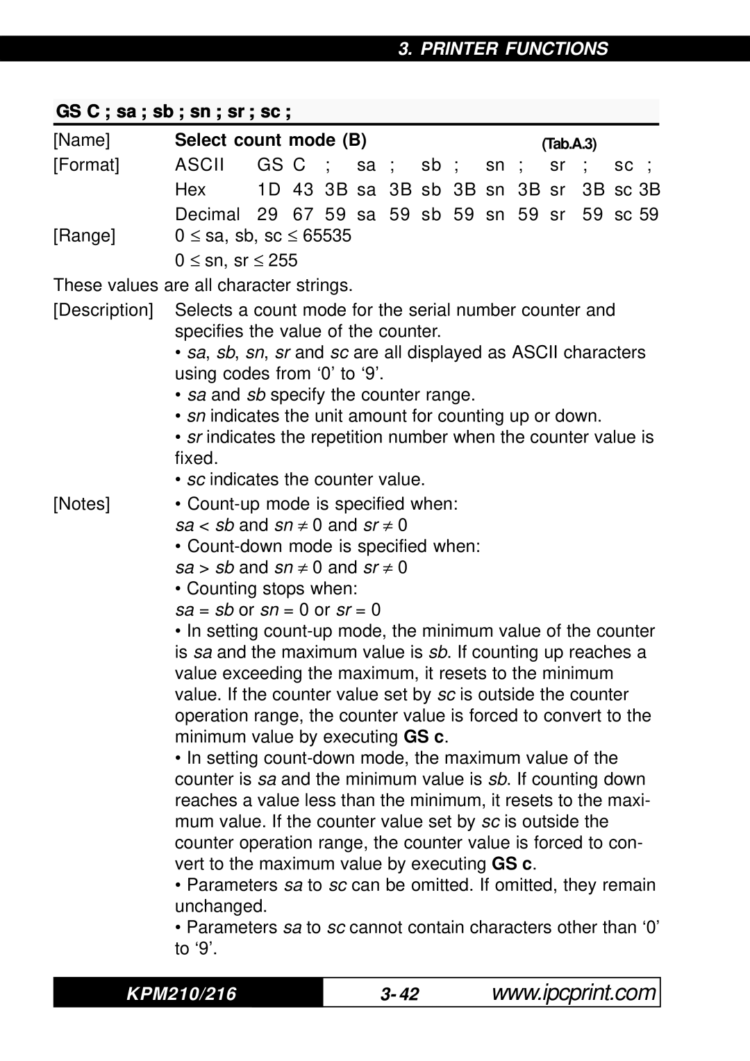 Infinite Peripherals 216, KPM-210 user manual GS C sa sb sn sr sc, Select count mode B, Ascii GS C 