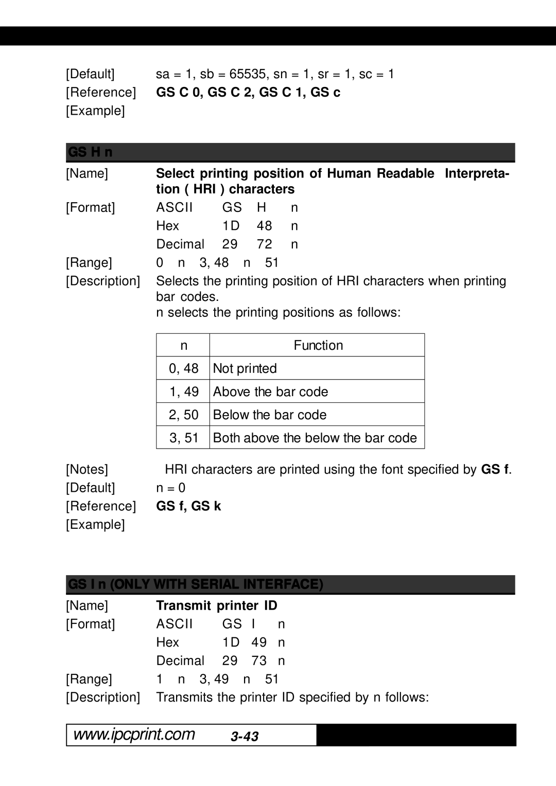 Infinite Peripherals KPM-210 GS C 0, GS C 2, GS C 1, GS c, GS H n, Select printing position of Human Readable Interpreta 