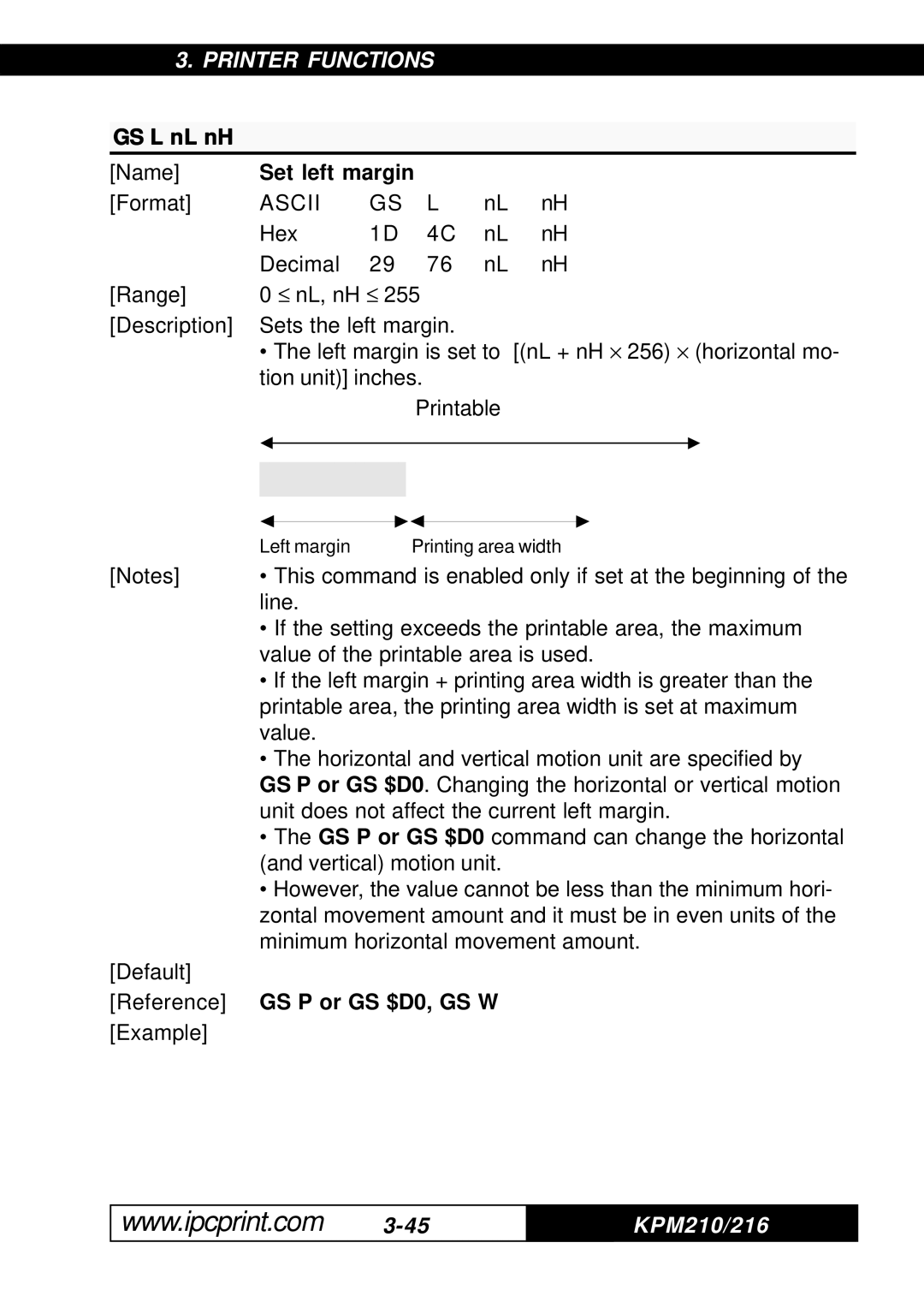 Infinite Peripherals KPM-210, 216 user manual GS L nL nH, Set left margin, GS P or GS $D0, GS W 