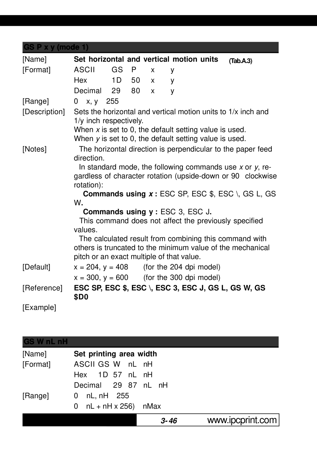 Infinite Peripherals 216 GS P x y mode, Set horizontal and vertical motion units Tab.A.3, Commands using y ESC 3, ESC J 