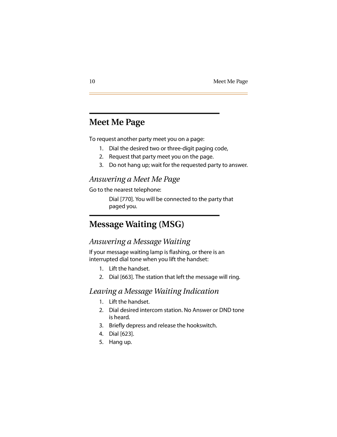 Infinite Peripherals II/III/IV, Mach I manual Message Waiting MSG, Answering a Meet Me, Answering a Message Waiting 