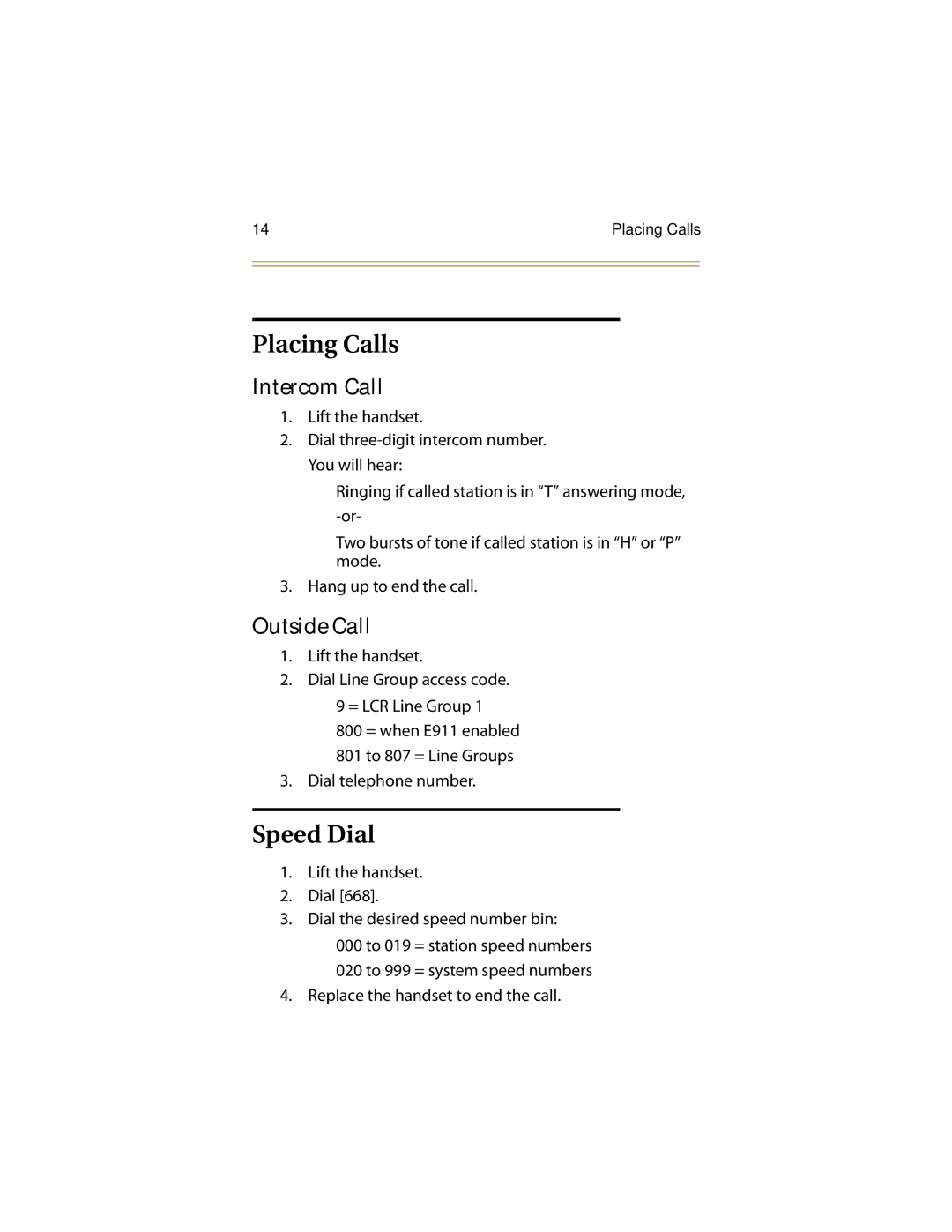 Infinite Peripherals II/III/IV, Mach I manual Placing Calls, Speed Dial, Intercom Call, Outside Call 