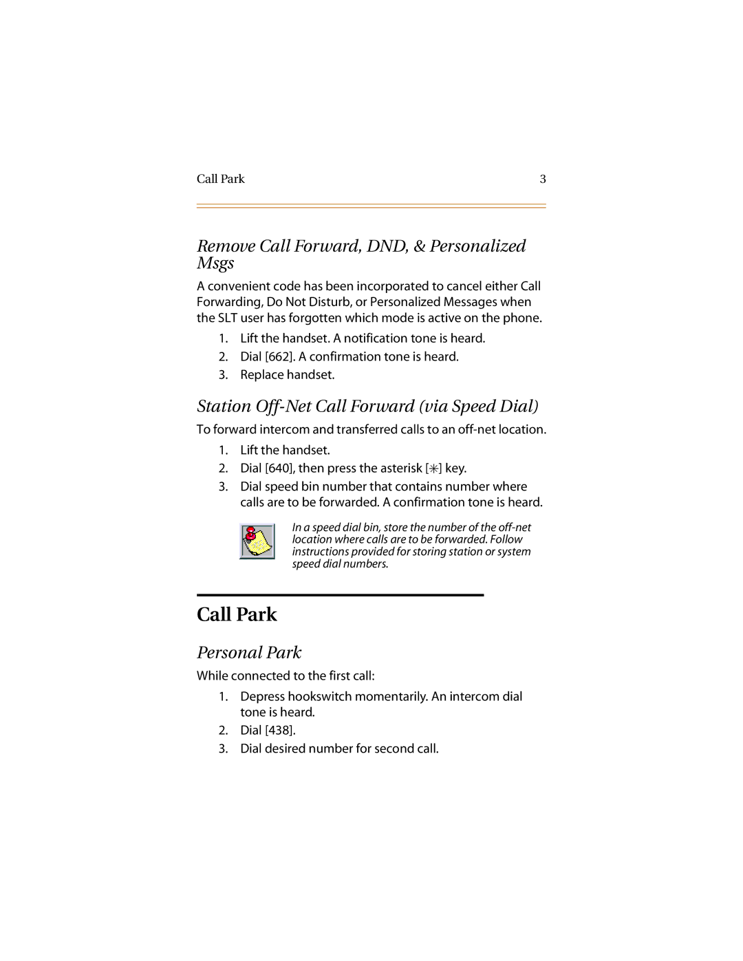 Infinite Peripherals Mach I, II/III/IV manual Call Park, Remove Call Forward, DND, & Personalized Msgs, Personal Park 