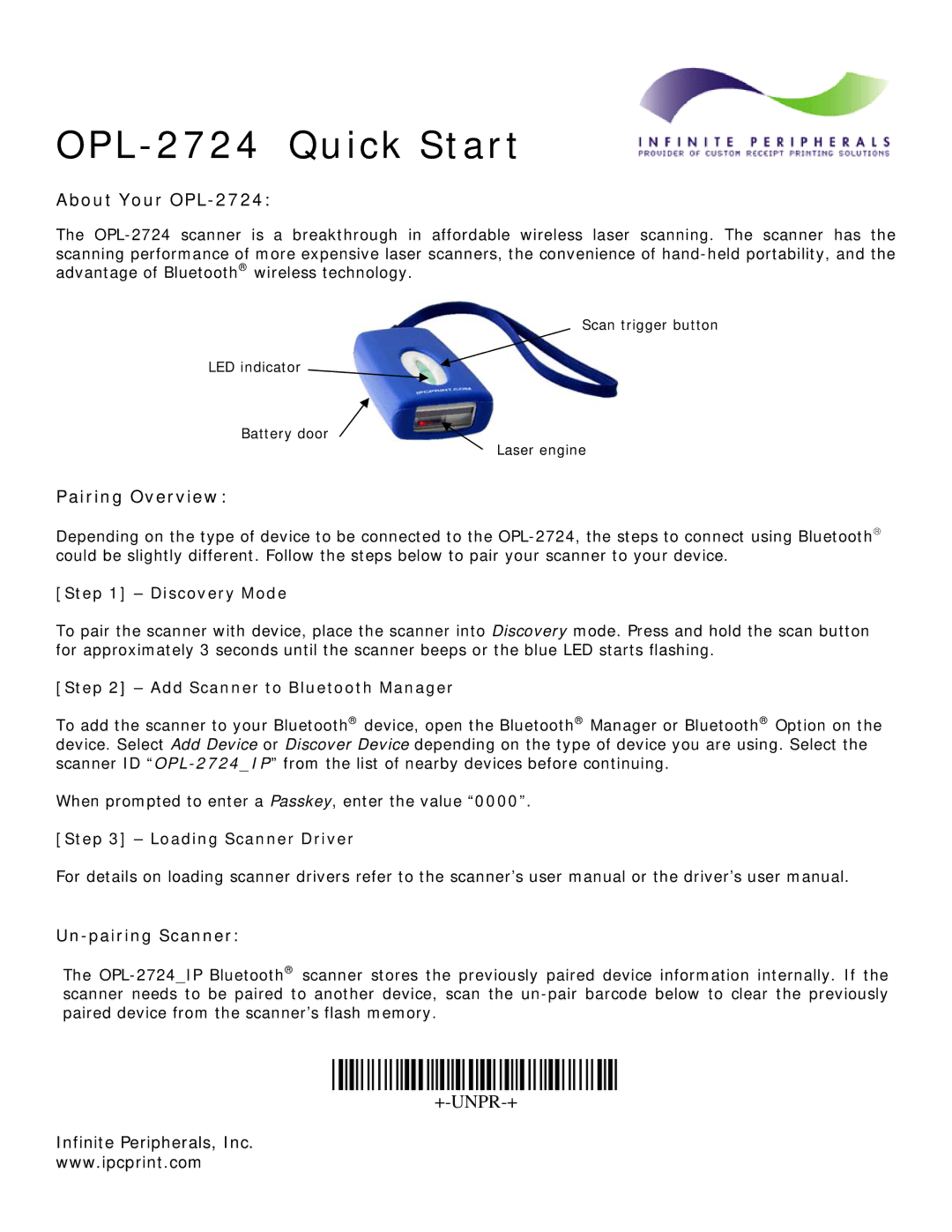 Infinite Peripherals quick start OPL-2724 Quick Start, About Your OPL-2724, Pairing Overview, Un-pairing Scanner 