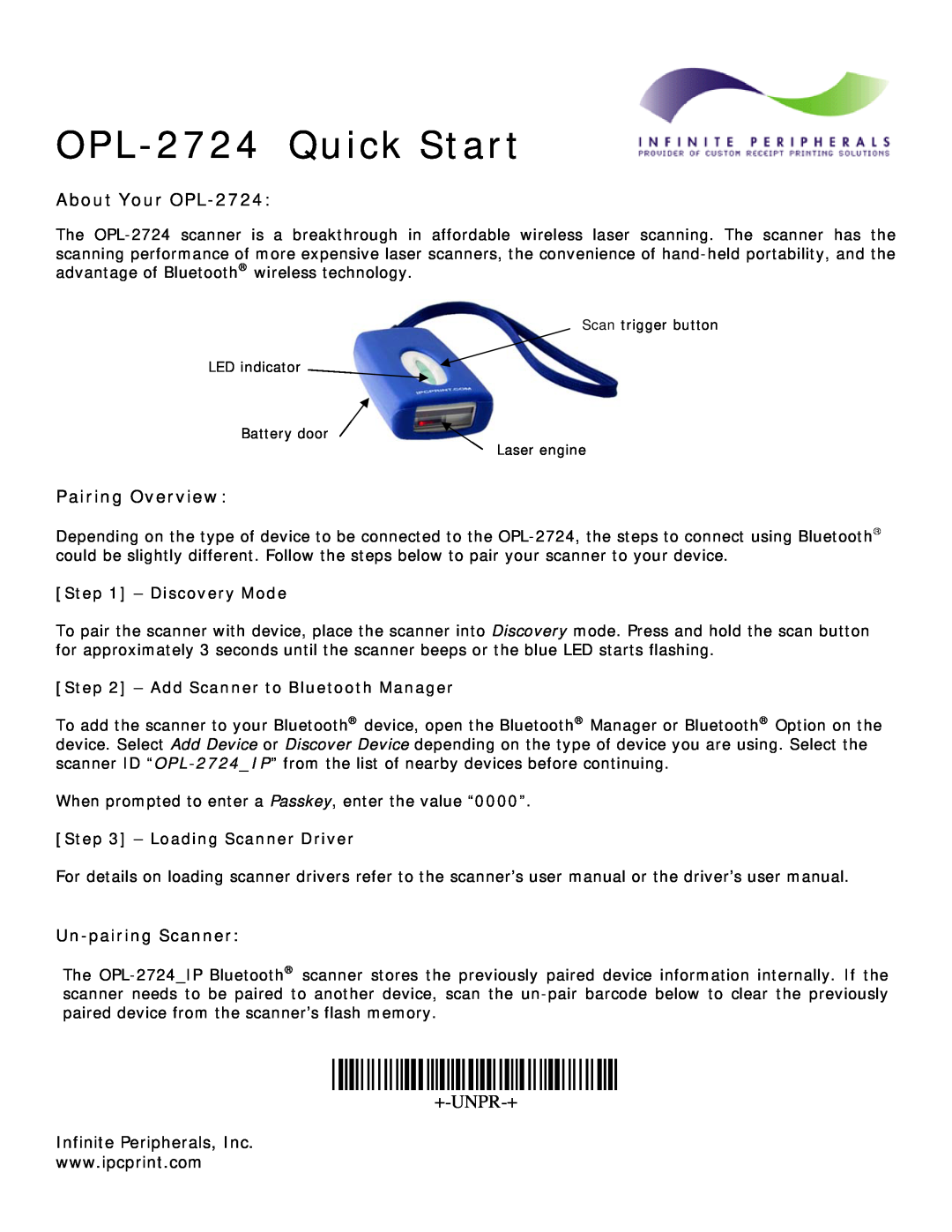 Infinite Peripherals quick start OPL-2724 Quick Start, Voqs, +-Unpr-+, About Your OPL-2724, Pairing Overview 