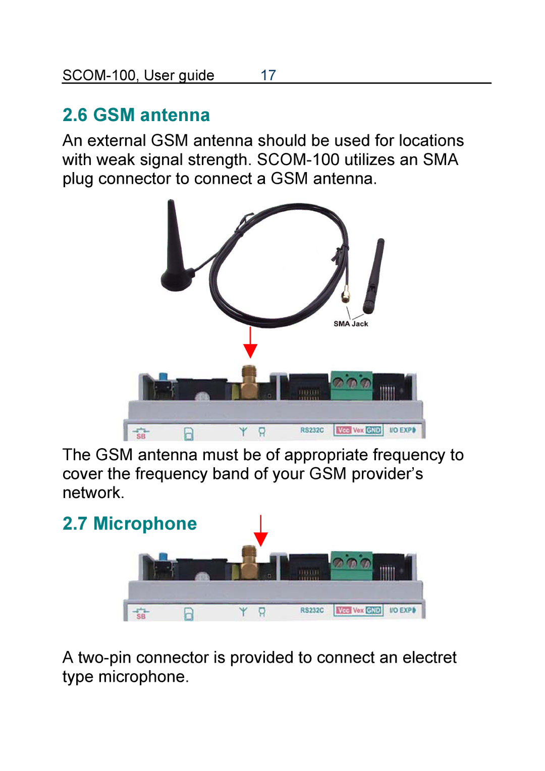 Infinite Peripherals SCOM-100 manual GSM antenna, Microphone 