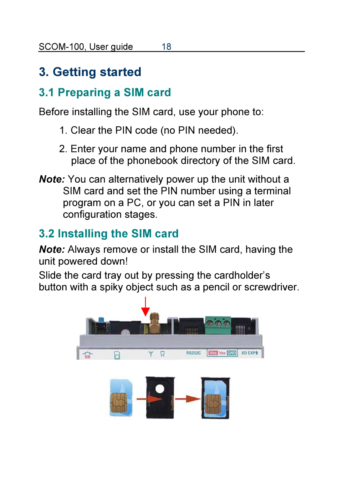 Infinite Peripherals SCOM-100 manual Getting started, Preparing a SIM card, Installing the SIM card 