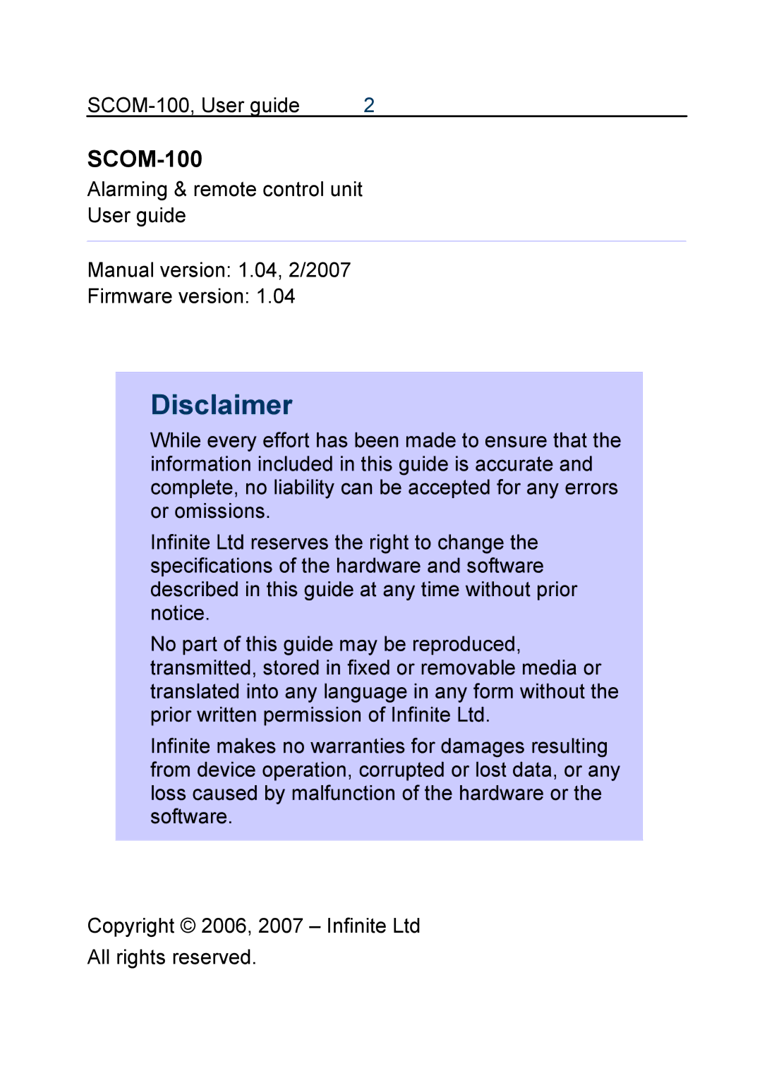 Infinite Peripherals SCOM-100 manual Disclaimer 