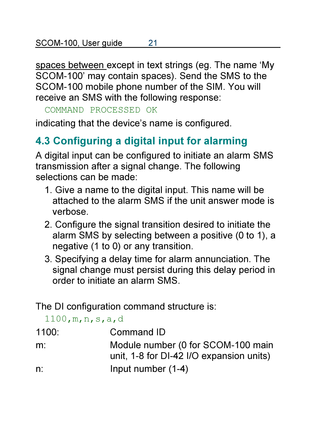 Infinite Peripherals SCOM-100 manual Configuring a digital input for alarming, 1100,m,n,s,a,d 