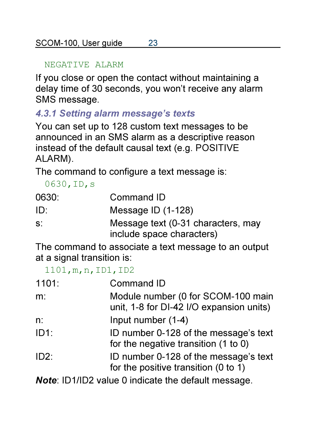 Infinite Peripherals SCOM-100 manual Setting alarm message’s texts, 0630,ID,s, 1101,m,n,ID1,ID2 