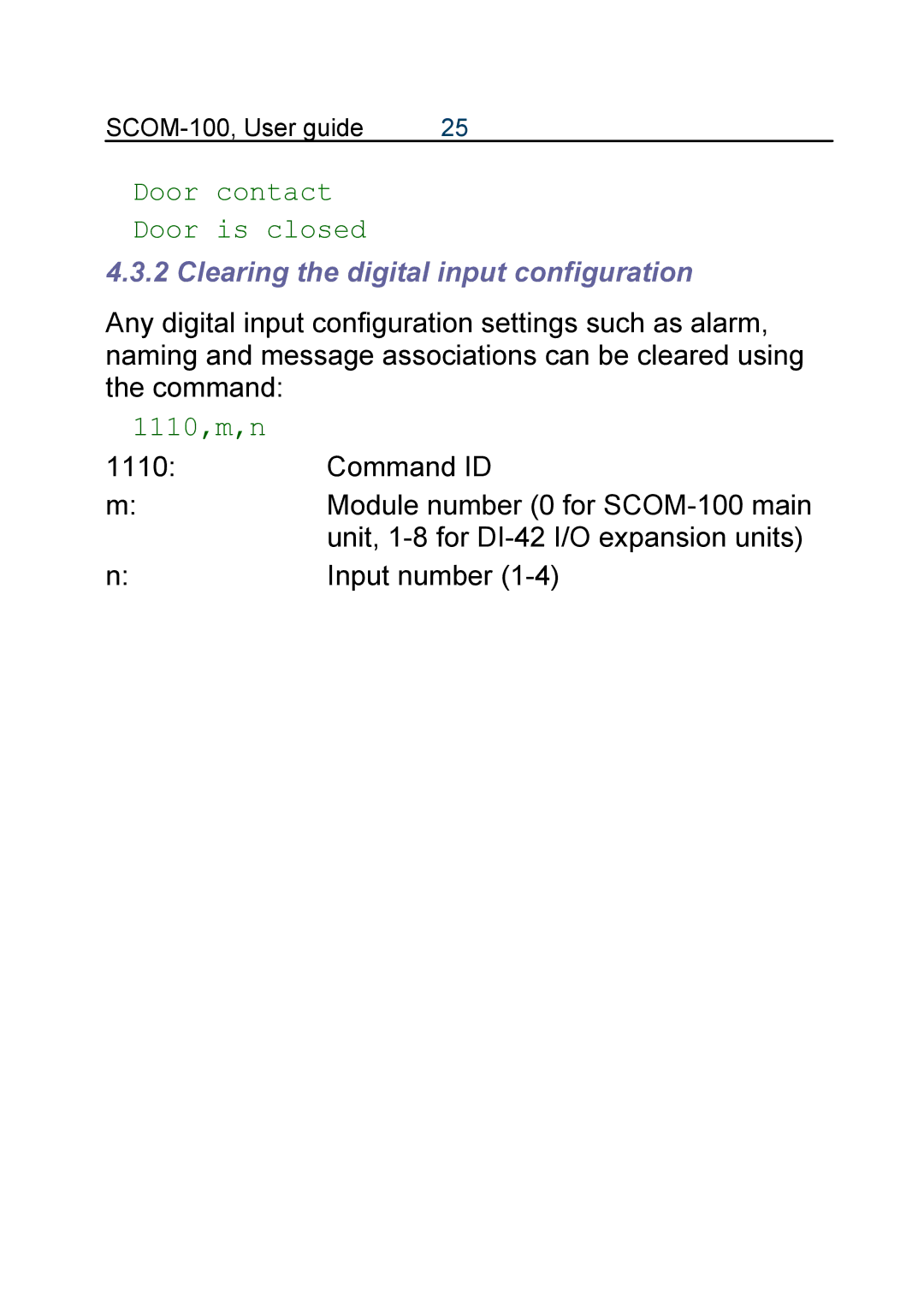 Infinite Peripherals SCOM-100 manual Door contact Door is closed, Clearing the digital input configuration, 1110,m,n 