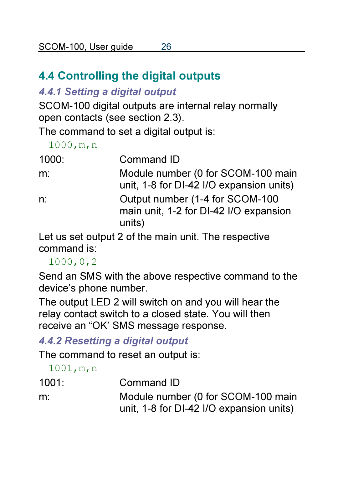 Infinite Peripherals SCOM-100 Controlling the digital outputs, Setting a digital output, 1000,m,n, 1000,0,2, 1001,m,n 