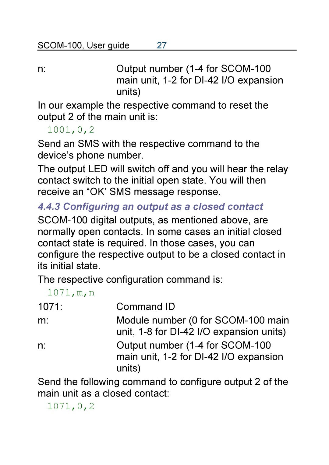 Infinite Peripherals SCOM-100 manual 1001,0,2, Configuring an output as a closed contact, 1071,m,n, 1071,0,2 