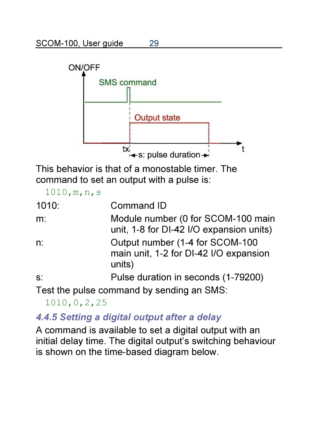 Infinite Peripherals SCOM-100 manual 1010,m,n,s, 1010,0,2,25, Setting a digital output after a delay 