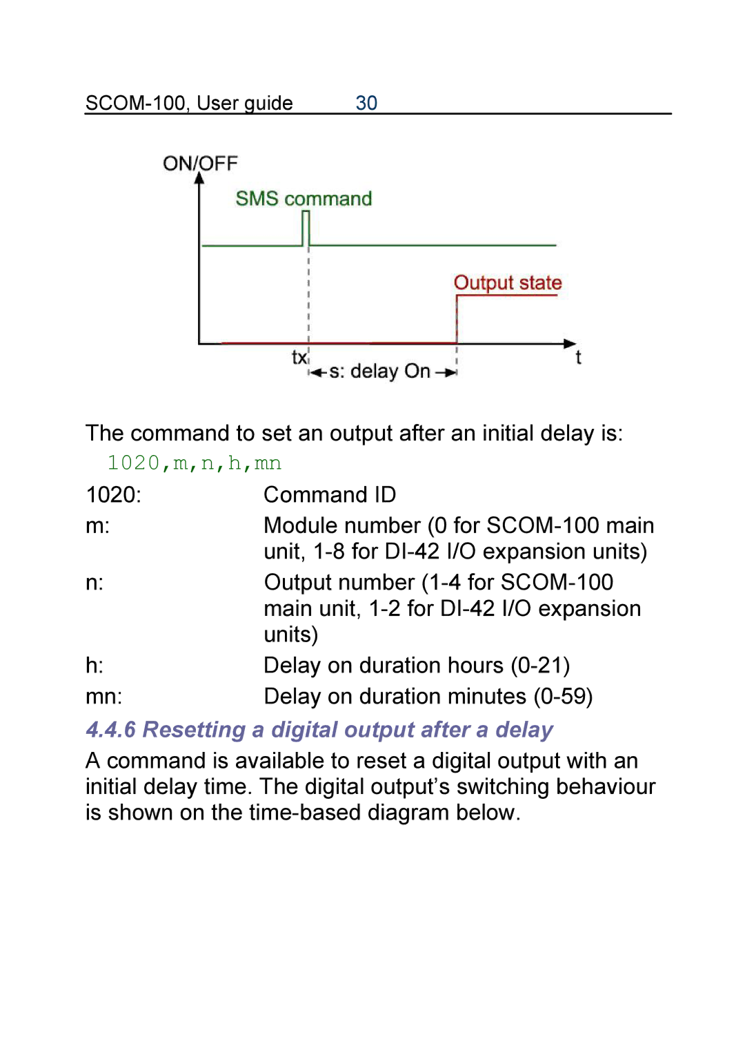 Infinite Peripherals SCOM-100 manual 1020,m,n,h,mn, Resetting a digital output after a delay 