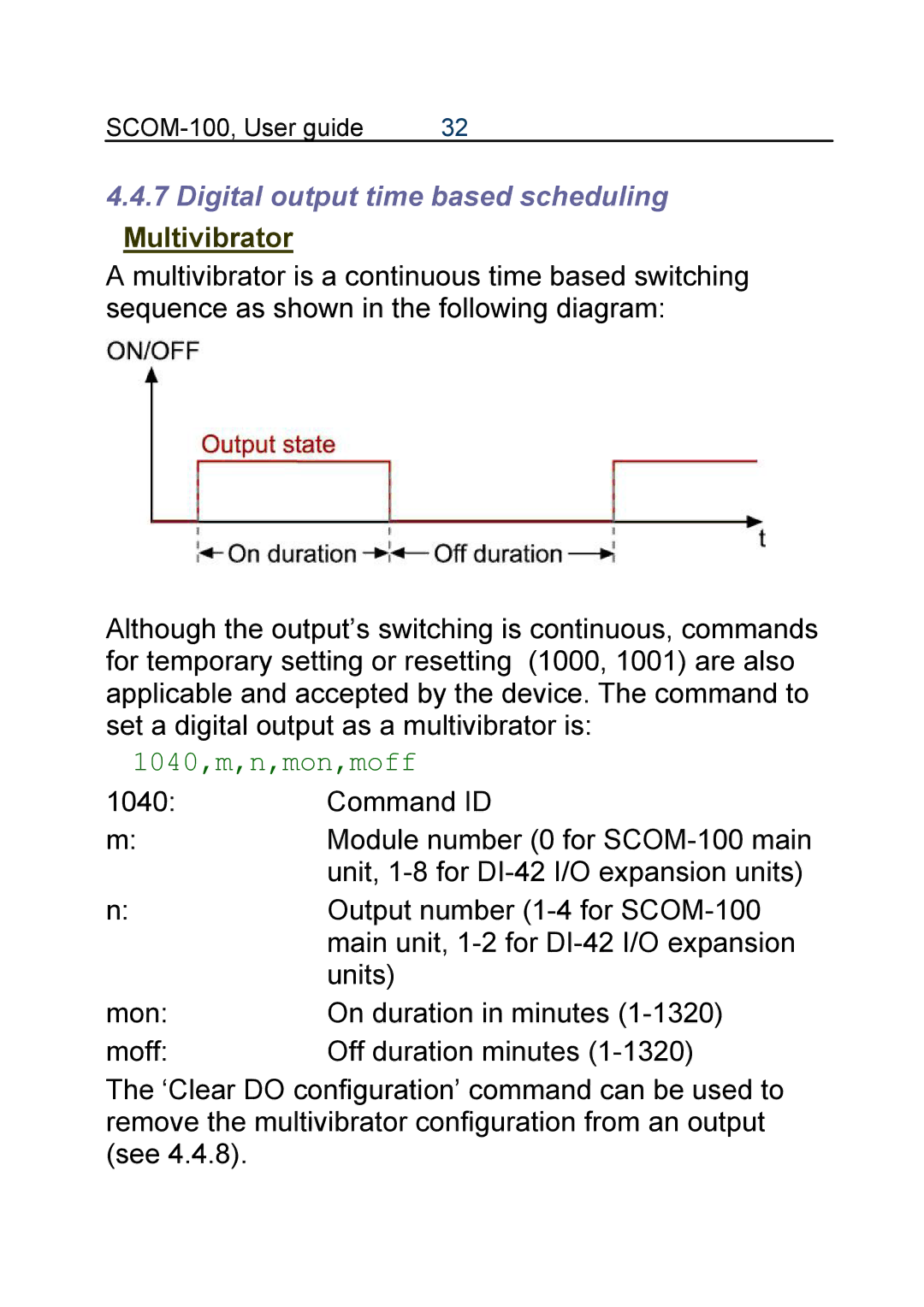 Infinite Peripherals SCOM-100 manual Digital output time based scheduling, 1040,m,n,mon,moff 