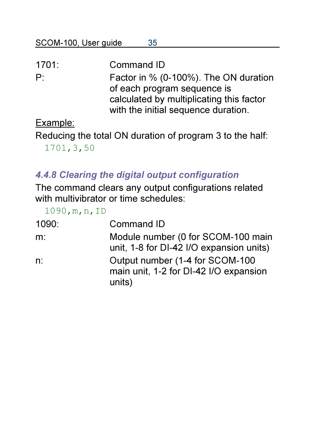 Infinite Peripherals SCOM-100 manual 1701,3,50, Clearing the digital output configuration, 1090,m,n,ID 