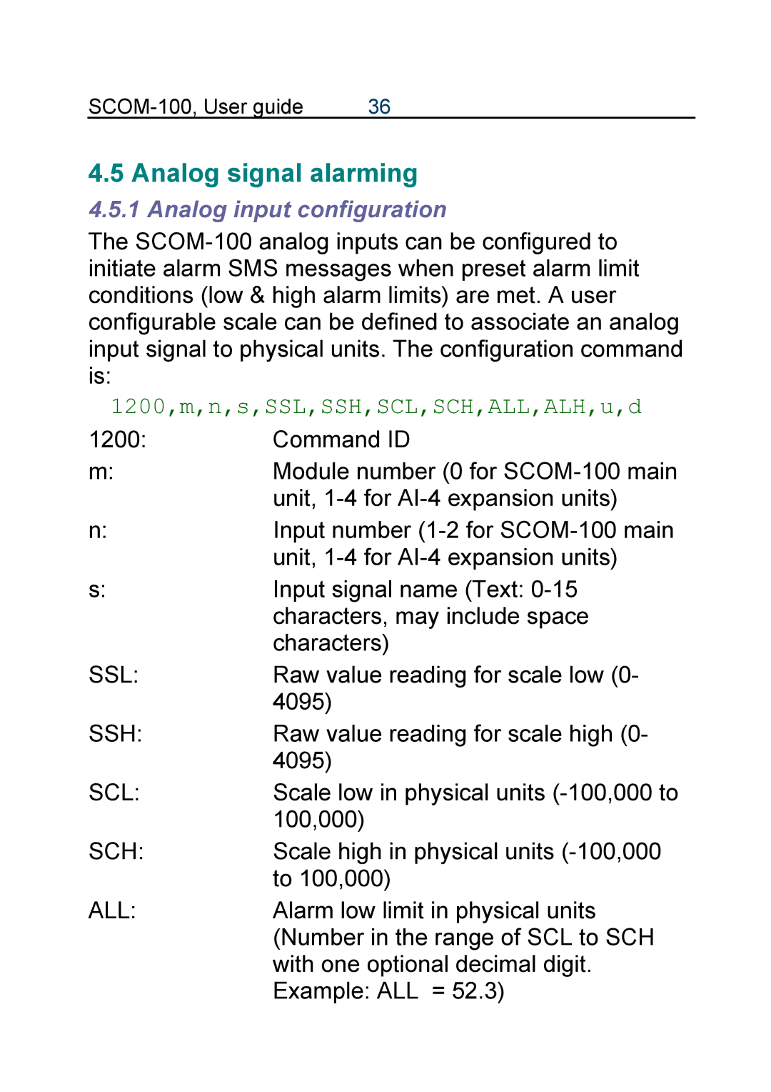 Infinite Peripherals SCOM-100 Analog signal alarming, Analog input configuration, 1200,m,n,s,SSL,SSH,SCL,SCH,ALL,ALH,u,d 