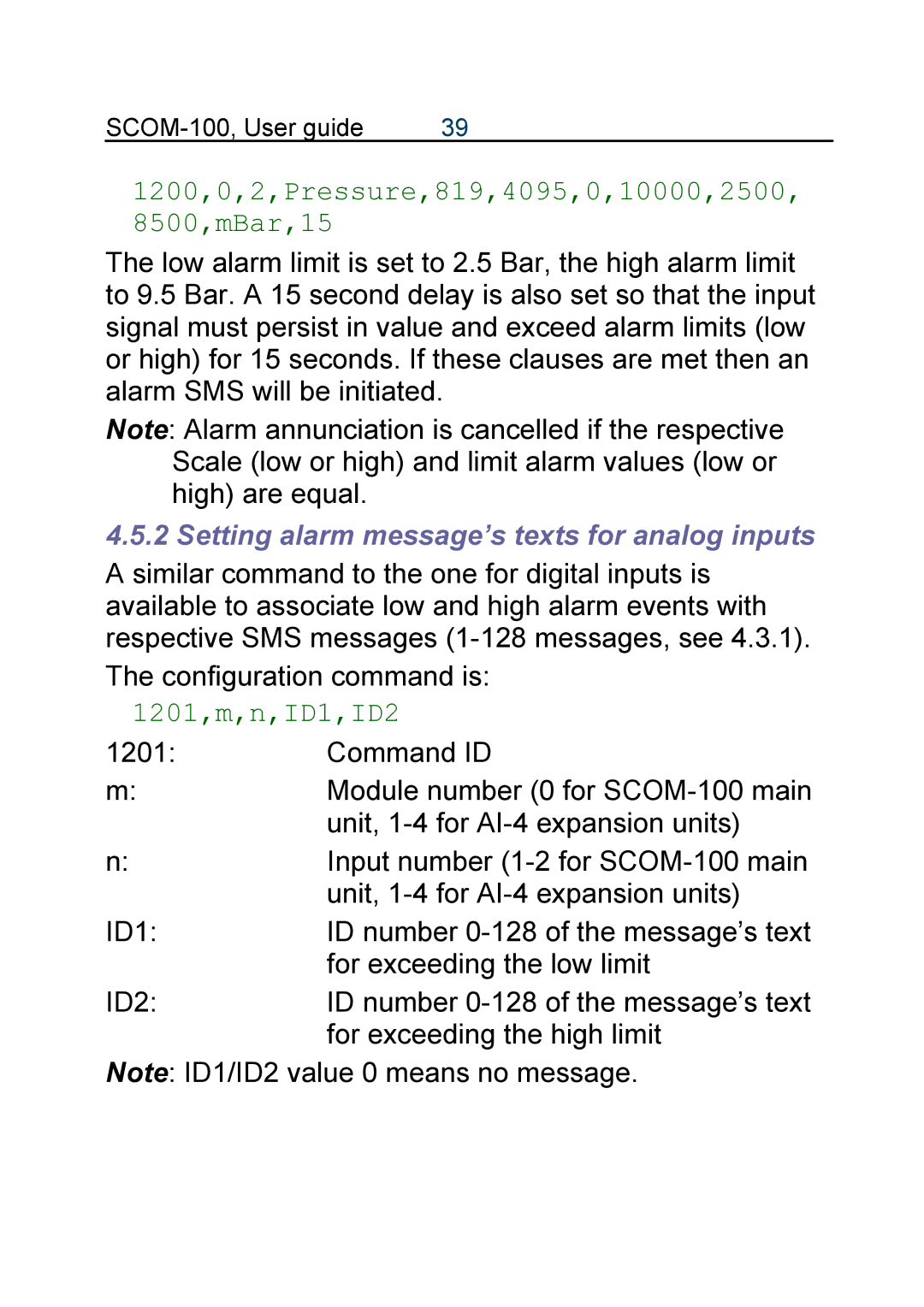 Infinite Peripherals SCOM-100 manual 1200,0,2,Pressure,819,4095,0,10000,2500 8500,mBar,15, 1201,m,n,ID1,ID2 