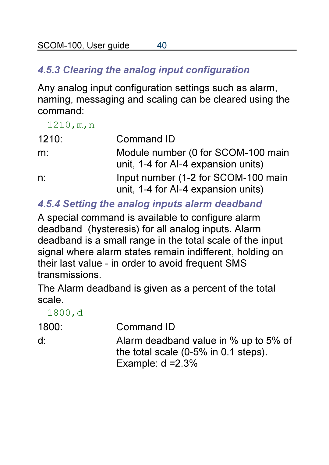 Infinite Peripherals SCOM-100 Clearing the analog input configuration, 1210,m,n, Setting the analog inputs alarm deadband 