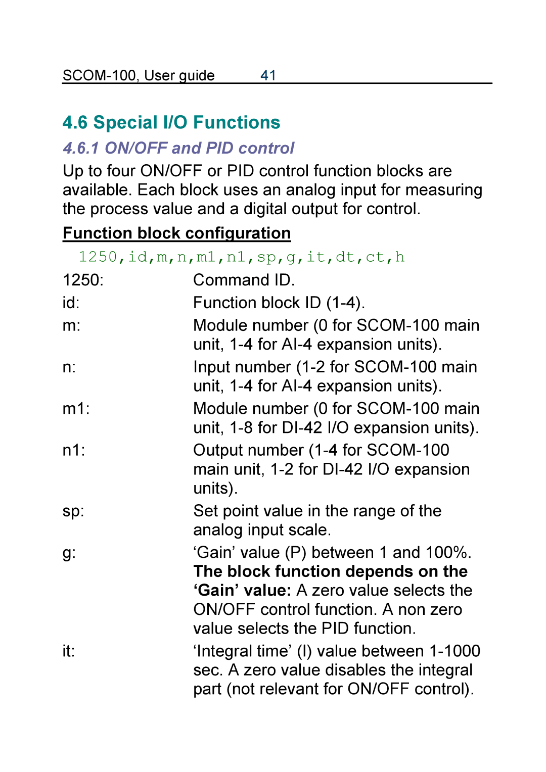 Infinite Peripherals SCOM-100 manual Special I/O Functions, 1 ON/OFF and PID control, 1250,id,m,n,m1,n1,sp,g,it,dt,ct,h 