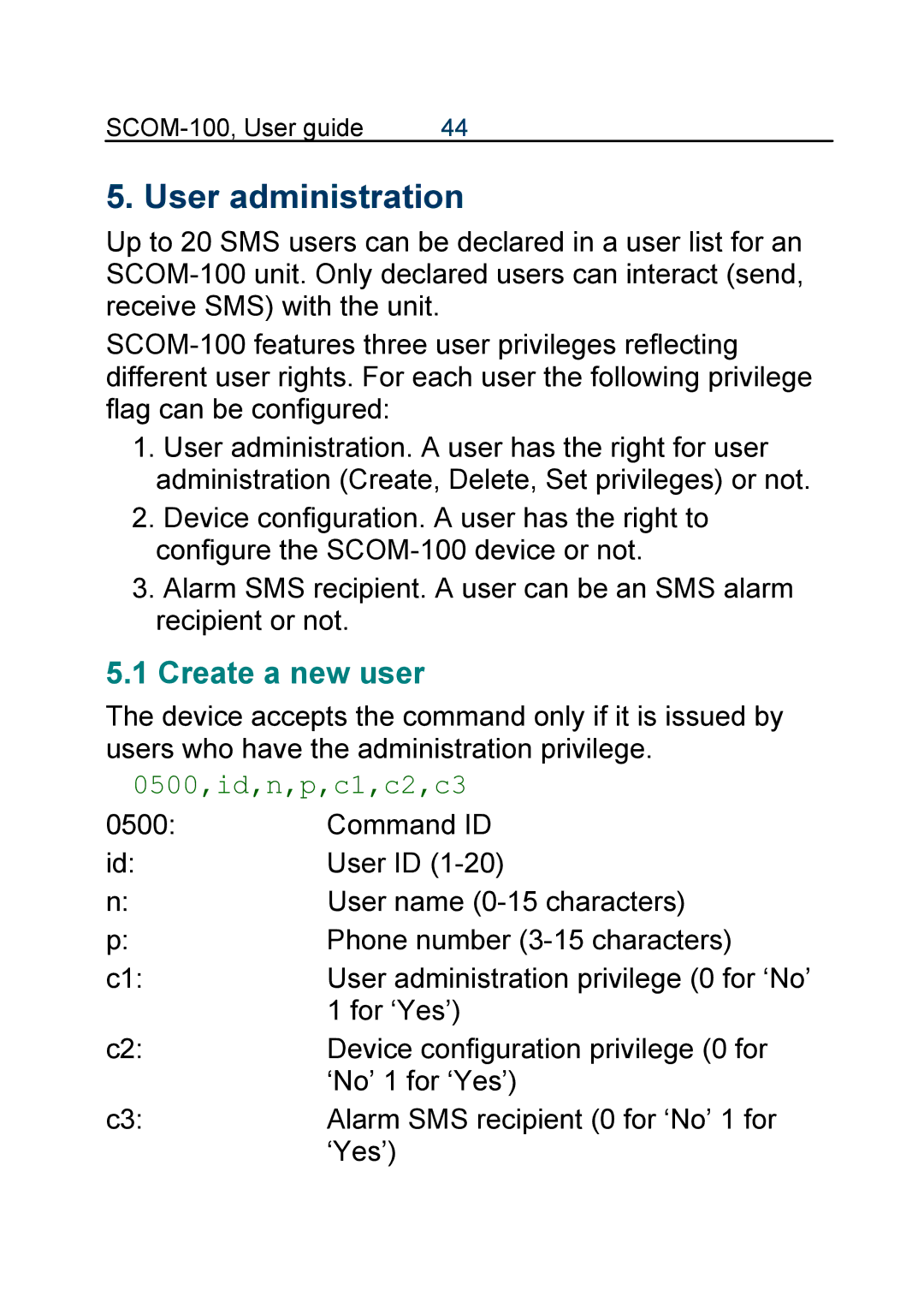 Infinite Peripherals SCOM-100 manual User administration, Create a new user, 0500,id,n,p,c1,c2,c3 