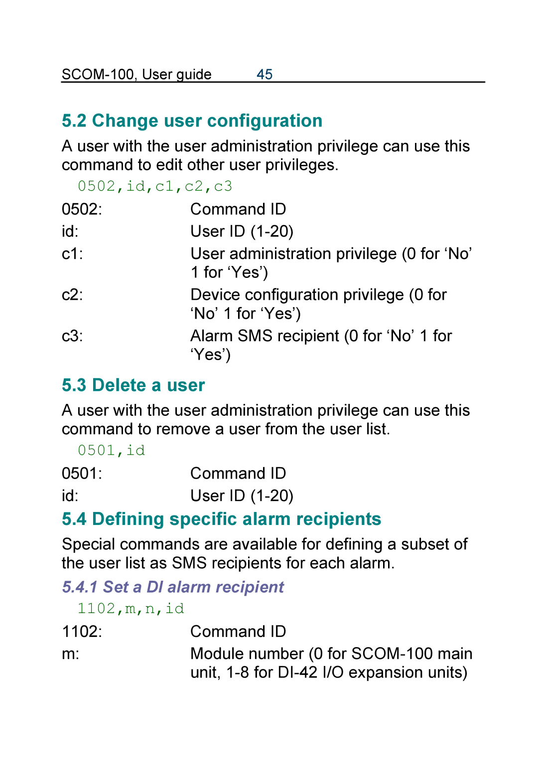 Infinite Peripherals SCOM-100 manual Change user configuration, Delete a user, Defining specific alarm recipients 