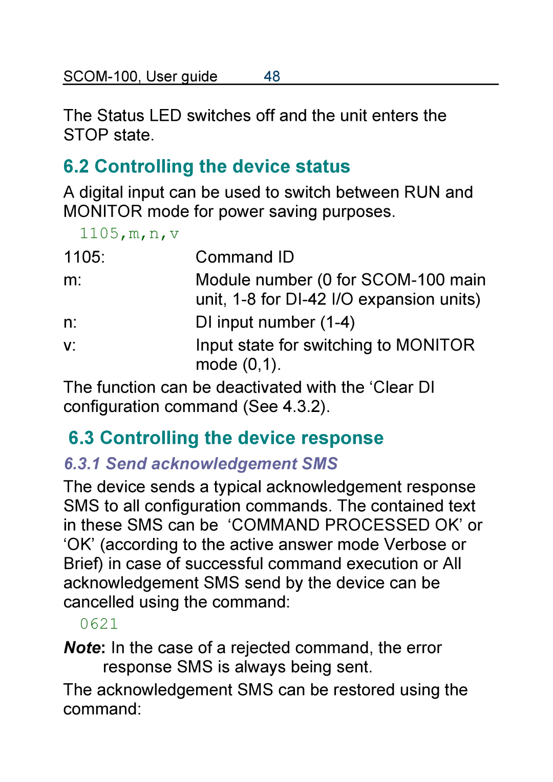 Infinite Peripherals SCOM-100 manual Controlling the device status, Controlling the device response, 1105,m,n,v, 0621 