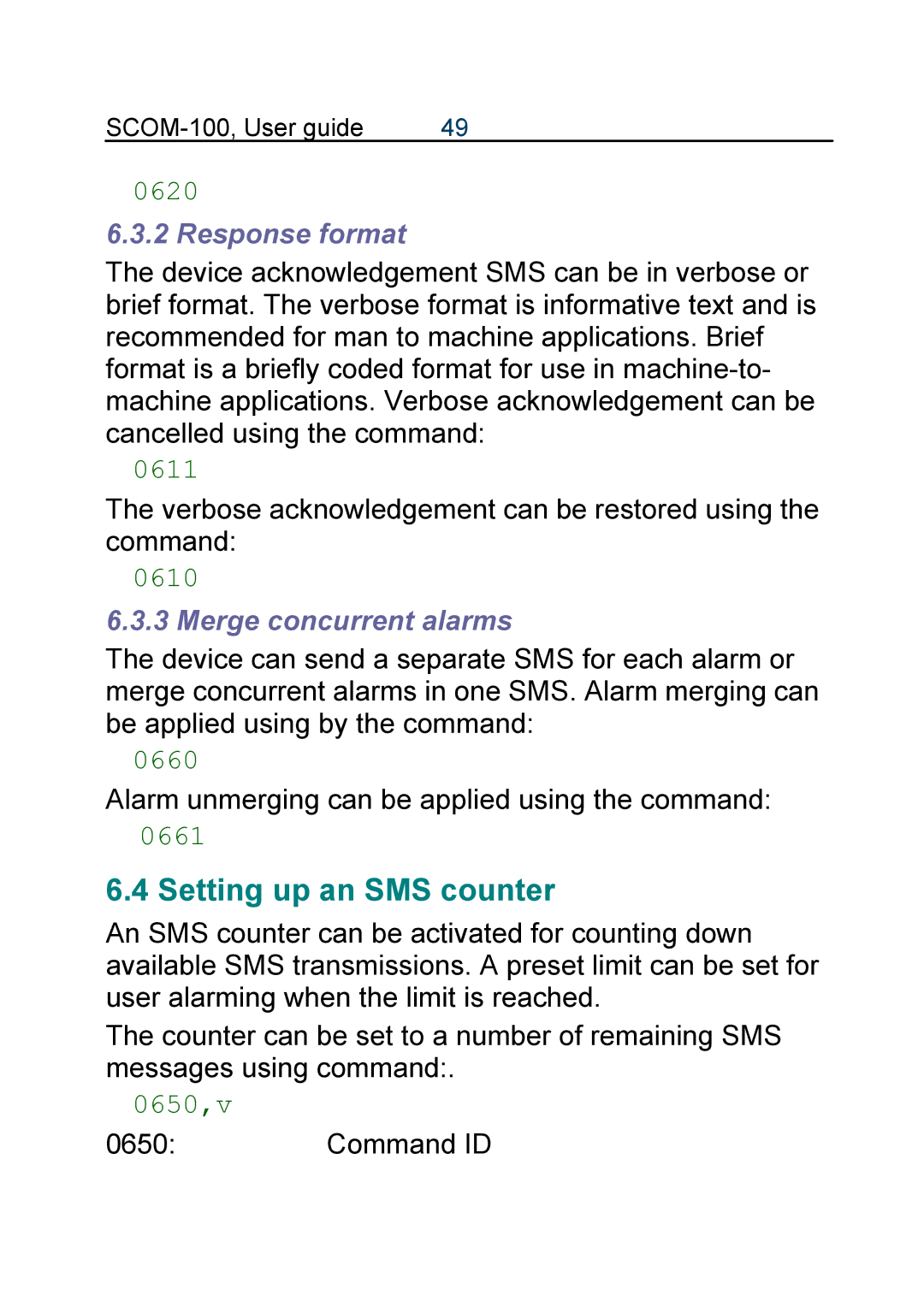 Infinite Peripherals SCOM-100 manual Setting up an SMS counter, Response format, Merge concurrent alarms 