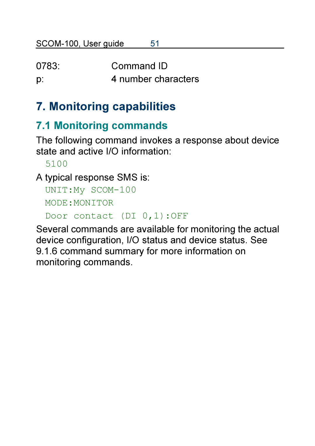 Infinite Peripherals manual Monitoring capabilities, Monitoring commands, 5100, UNITMy SCOM-100, Door contact DI 0,1OFF 