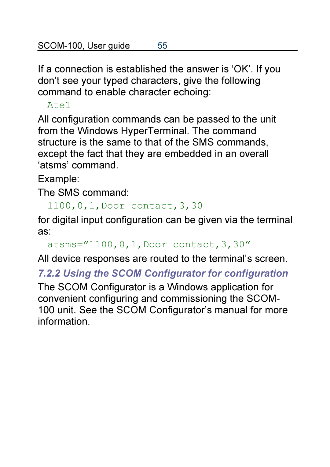 Infinite Peripherals SCOM-100 manual Ate1, Atsms=1100,0,1,Door contact,3,30, Using the Scom Configurator for configuration 