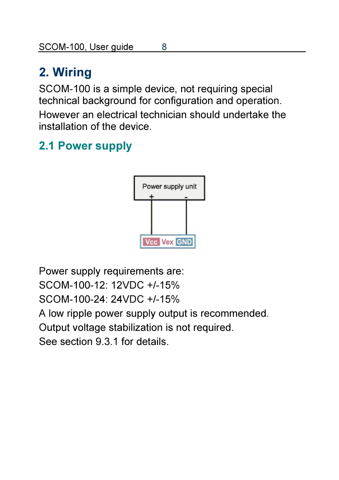 Infinite Peripherals SCOM-100 manual Wiring, Power supply 