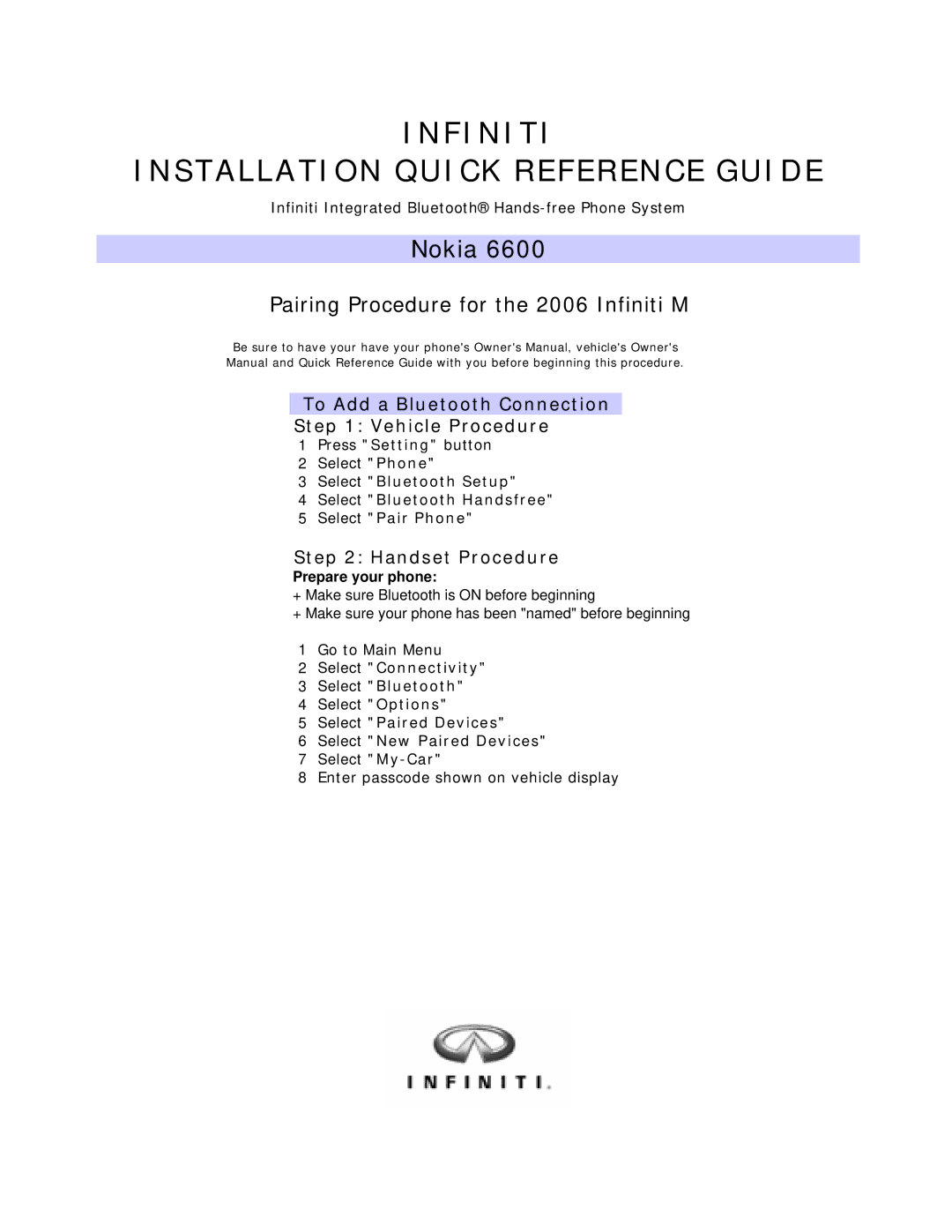 Infiniti 3650, 3600 owner manual Infiniti Installation Quick Reference Guide 