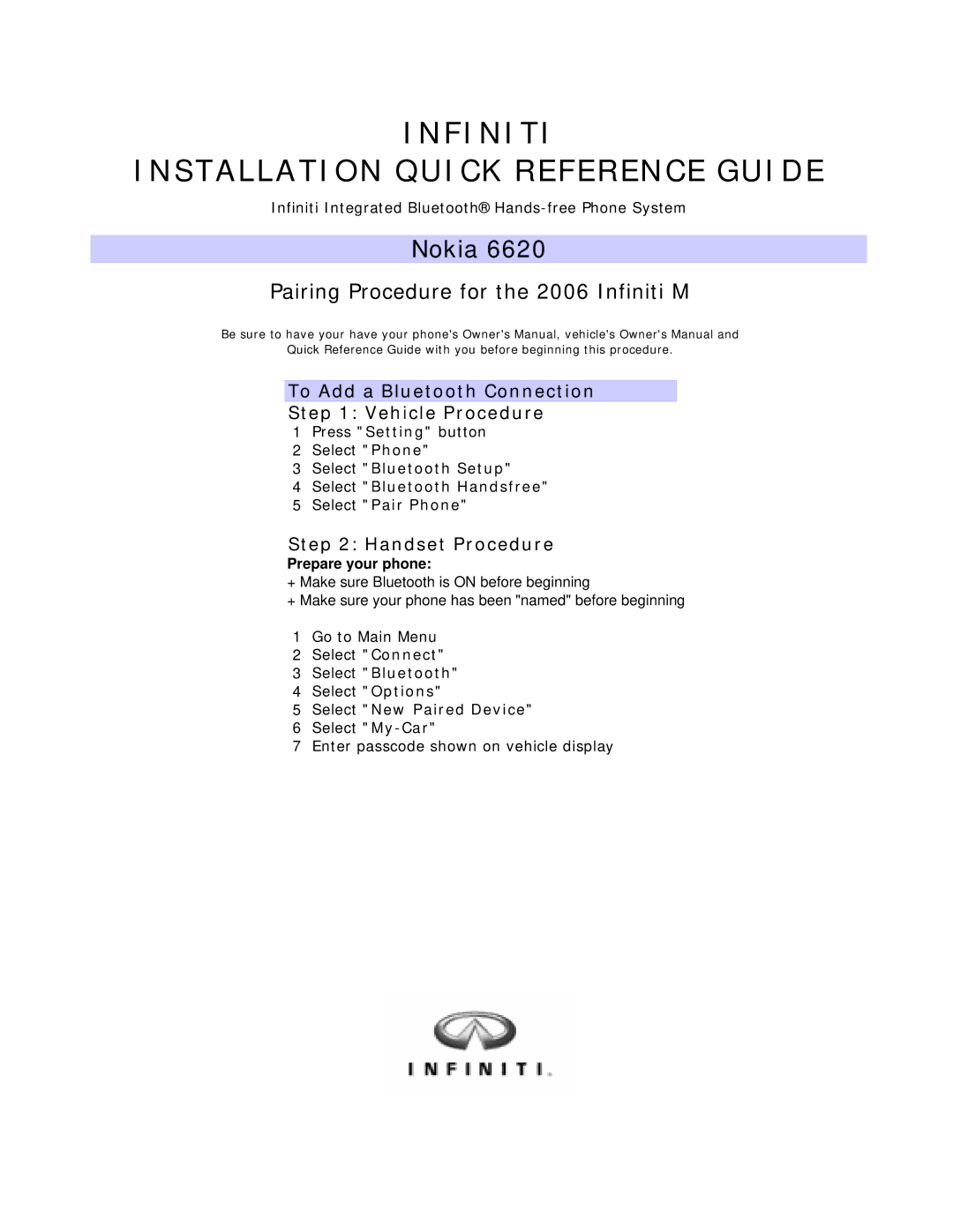 Infiniti 3600, 3650 owner manual Infiniti Installation Quick Reference Guide 