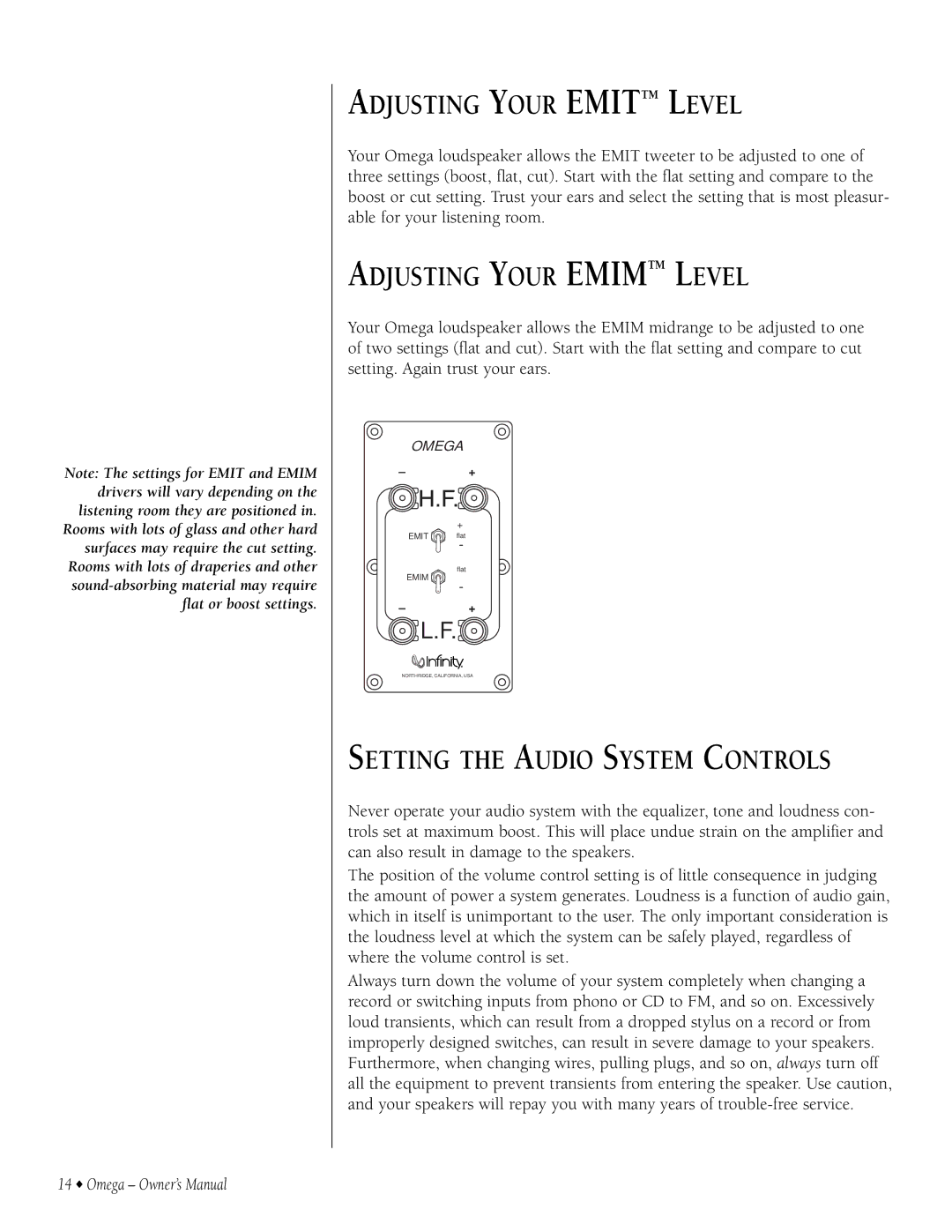 Infiniti 9301297-001 owner manual Adjusting Your Emit Level, Adjusting Your Emim Level, Setting the Audio System Controls 