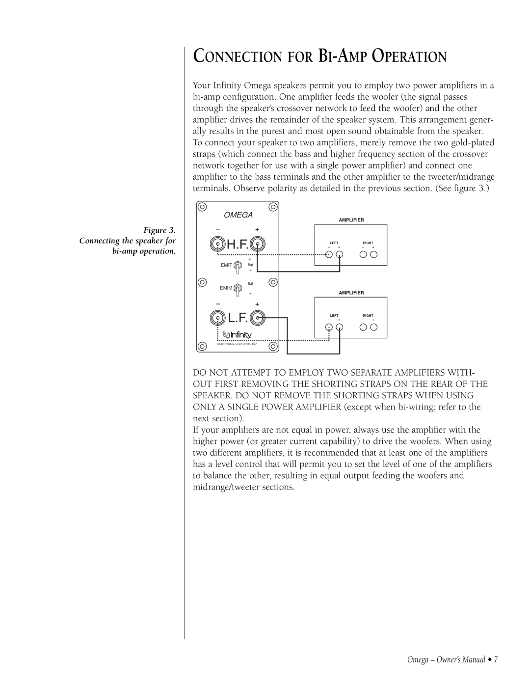 Infiniti 9301297-001 owner manual Connection for BI-AMP Operation, Connecting the speaker for bi-amp operation 